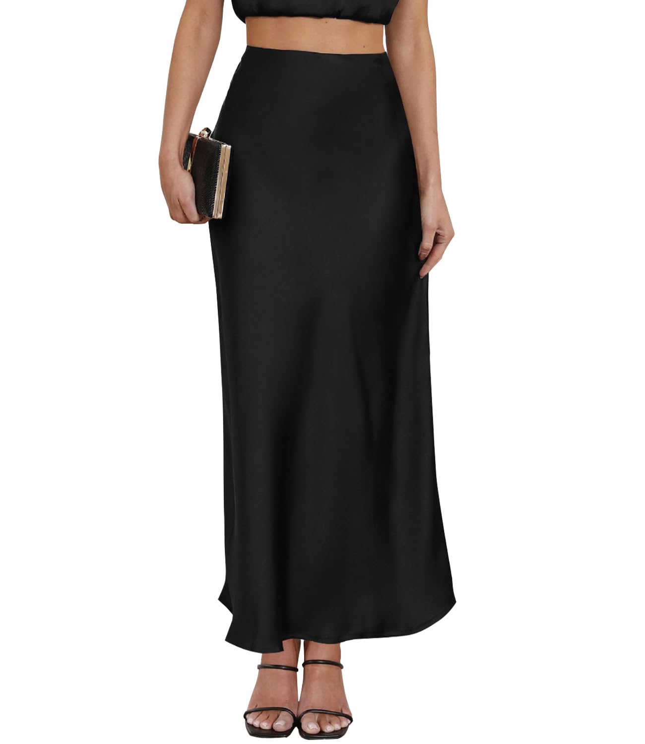 Women's Satin Maxi Skirt High Waisted Elastic Waistband Silk A-Line Casual Party Leopard Print Long Skirts for Women (Black, Small)