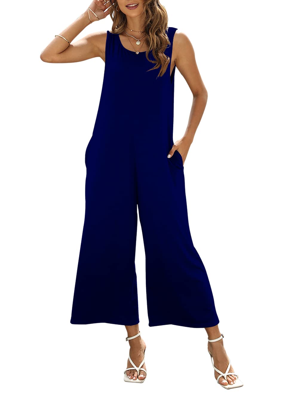 Nfsion Women's Summer Casual Loose Tank Jumpsuit Sleeveless Crewneck Jumpsuit Romper Outfits with Pockets Medium Dark Blue