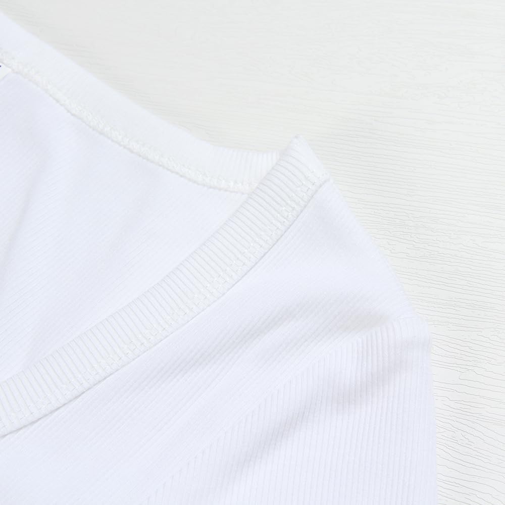 PALINDA Women's Short Sleeves Ribbed Fitted Shirt Basic V Neck Slim T Shirt Tops(White L)