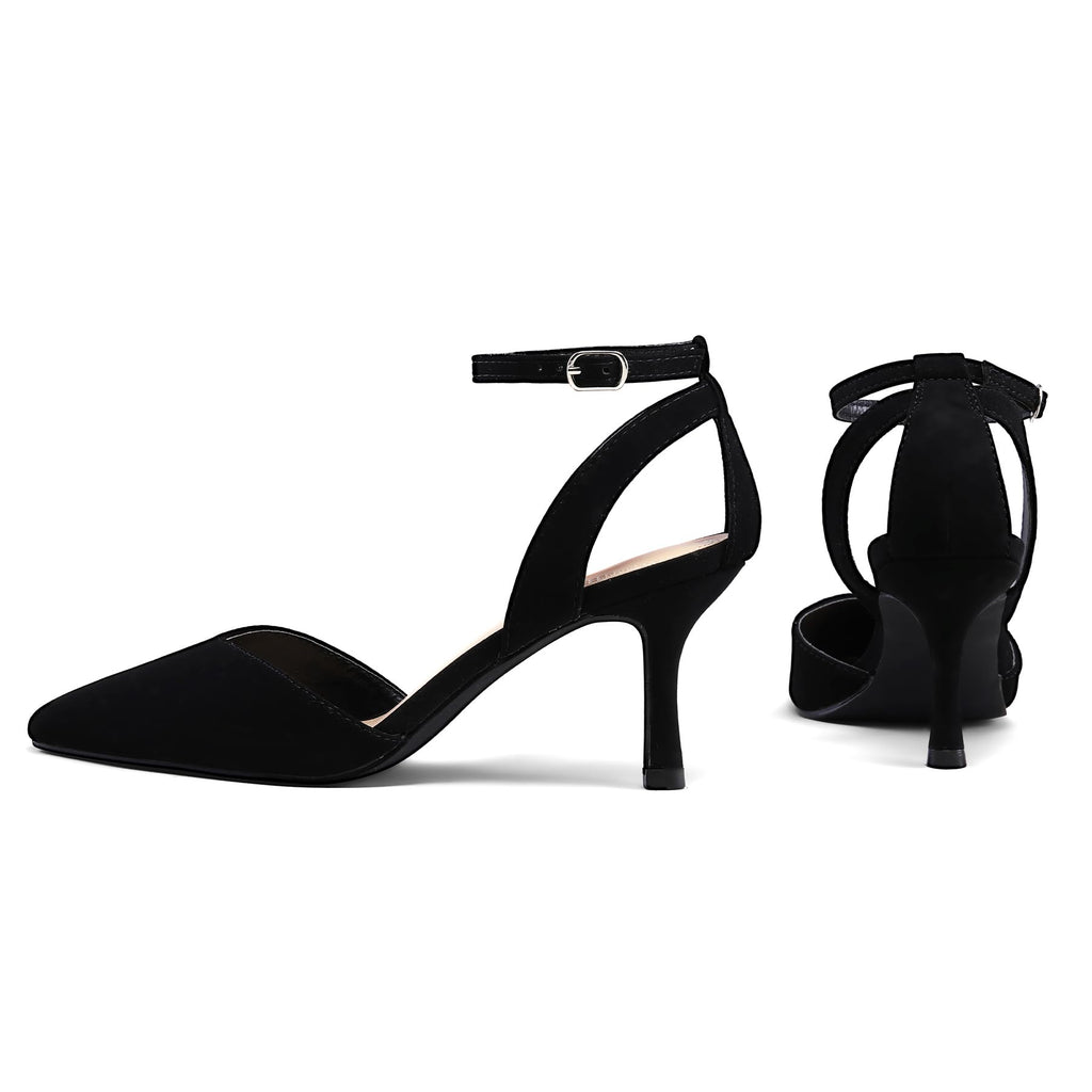 mysoft Women's Pumps Shoes Pointed Toe Kitten Low Heels Stiletto Ankle Strap Closed Toe Wedding Party Dress Sandals Black Nubuck