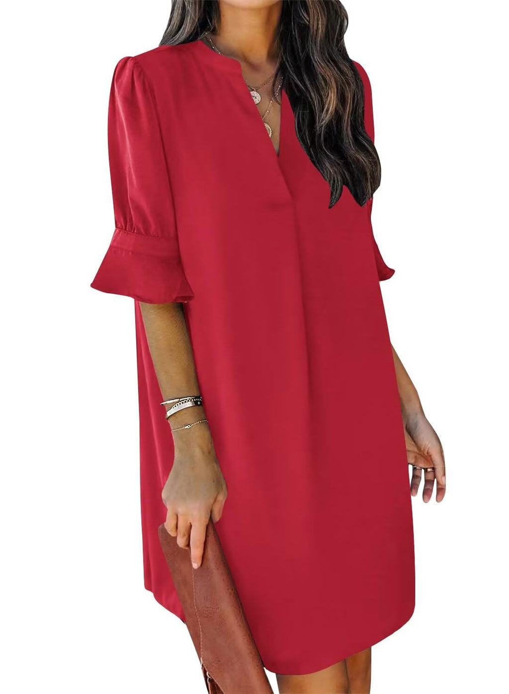 QACOHU Womens 2026 Summer Casual Dresses Short Sleeve V-Neck Midi Ruffle Puff Sleeves Dress Red L