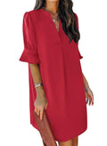 QACOHU Womens 2026 Summer Casual Dresses Short Sleeve V-Neck Midi Ruffle Puff Sleeves Dress Red L