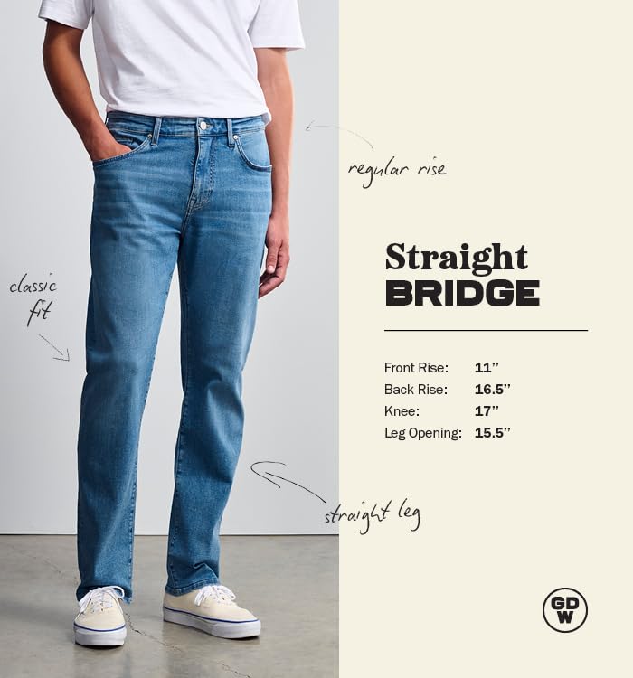 General Denim Works Bridge Men's Regular Rise Straight Leg Jeans, Mid Brushed Denim, 36x30