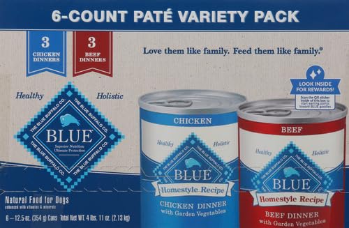 Blue Buffalo Homestyle Recipe Adult Wet Dog Food,Made with Natural Ingredients,Chicken and Beef Dinner Variety Pack,12.5-oz Cans,(Pack of 12)