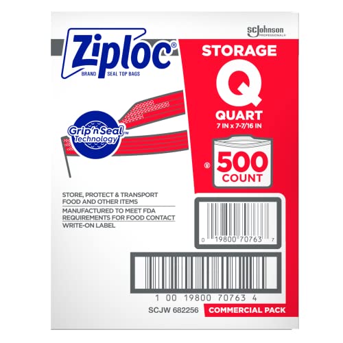 SC Johnson Professional, Ziploc Storage Bags, For Food Organization and Storage, Double Zipper Seal, Easy-Open Tabs Quart, 500 Count