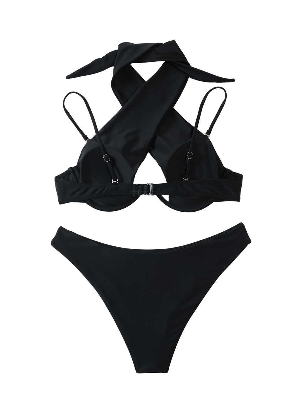 Lilosy Sexy Cute Underwire Push Up Cutout Halter Criss Cross High Cut Leg Thong Brazilian Bikini Swimsuit Set Women Cheeky Bottom Bathing Suit 2 Two Piece Black Medium