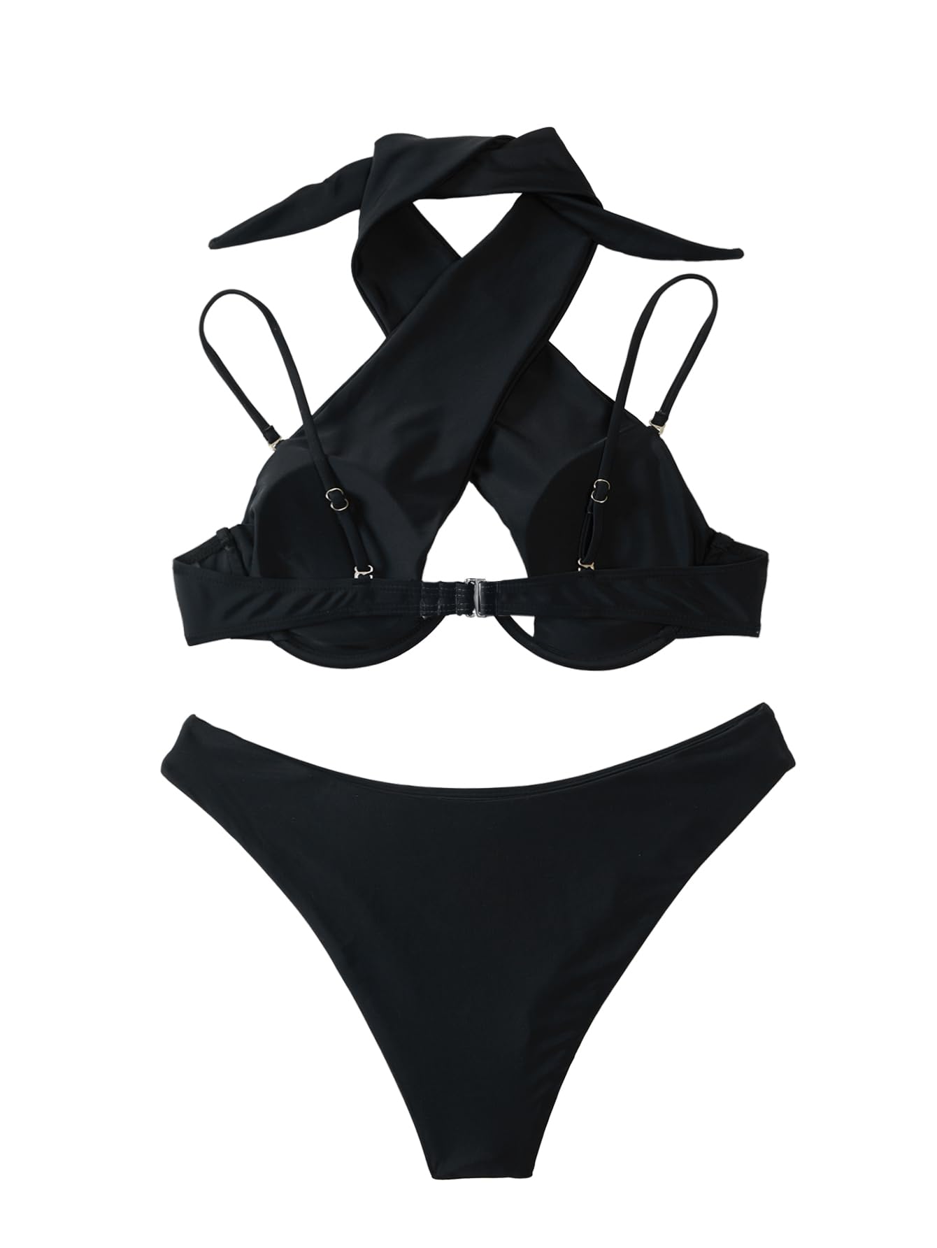 Lilosy Sexy Cute Underwire Push Up Cutout Halter Criss Cross High Cut Leg Thong Brazilian Bikini Swimsuit Set Women Cheeky Bottom Bathing Suit 2 Two Piece Black Medium
