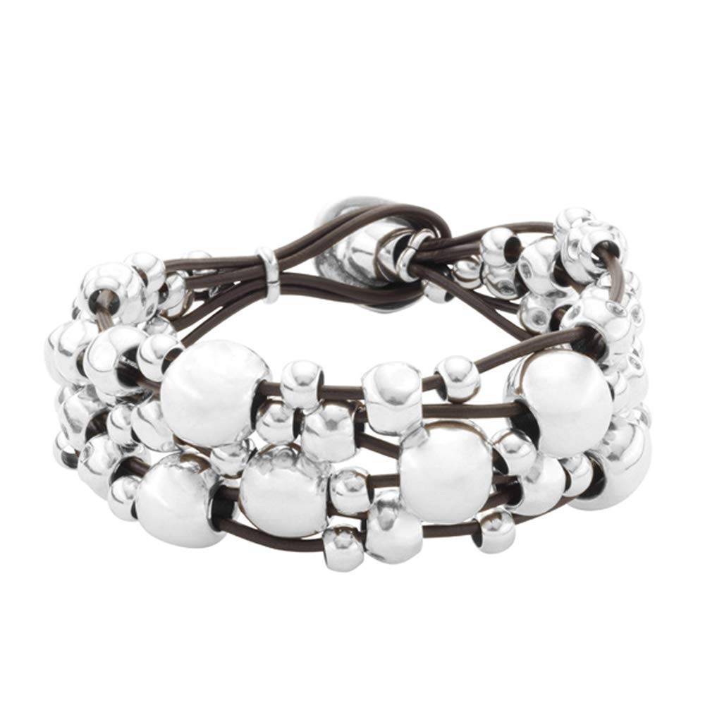 Uno de 50 MULTIVITAMINS Bracelet, Triple Strand Sterling Silver-Plated & Brown Leather