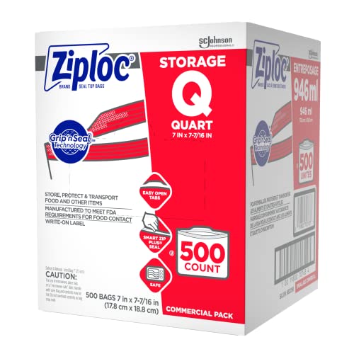 SC Johnson Professional, Ziploc Storage Bags, For Food Organization and Storage, Double Zipper Seal, Easy-Open Tabs Quart, 500 Count