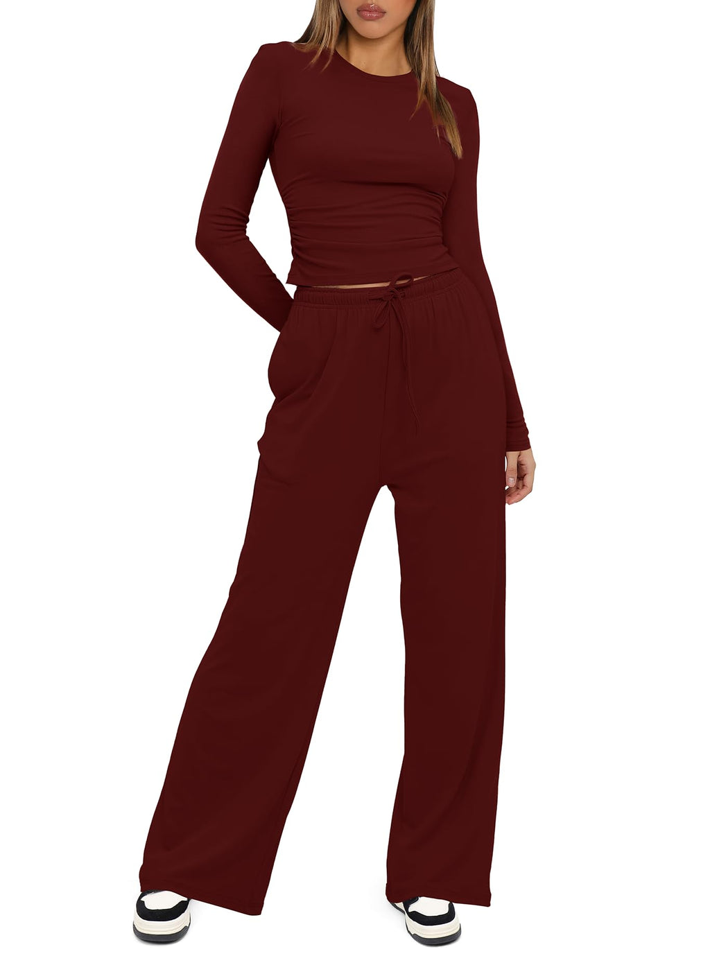 Darong Womens 2 Piece Outfit Long Sleeve Pullover Tops Wide Leg Pants Set Tracksuits 9065A Wine Red S