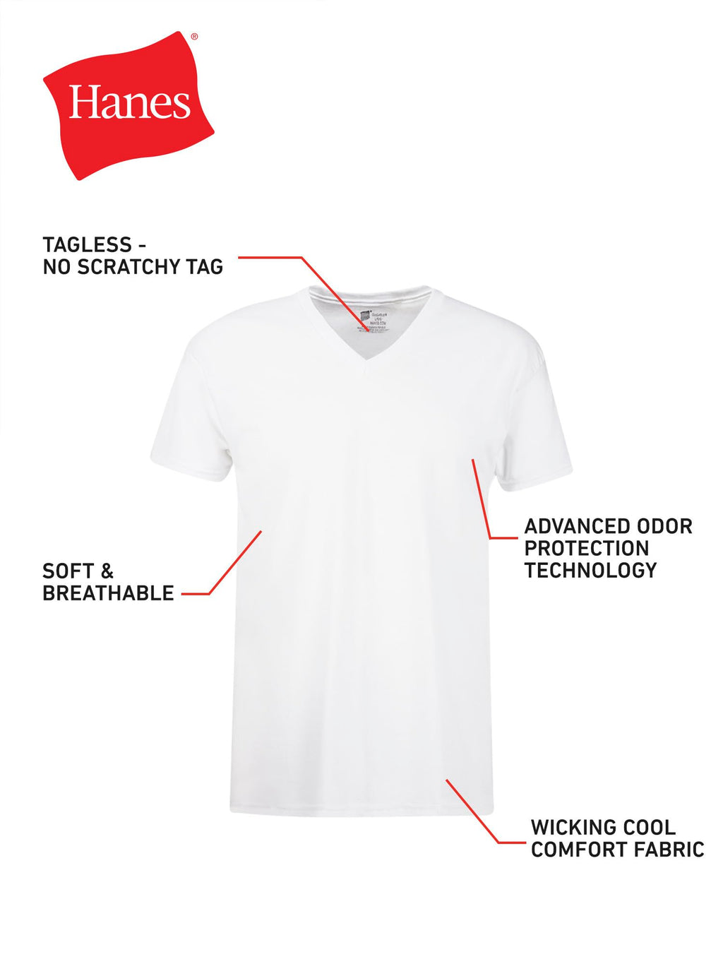 Hanes Mens Cotton, Moisture-wicking V-neck Tee Undershirts, Multiple Packs And Colors, White - 6 Pack, X-Large US