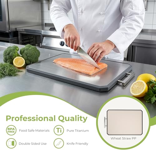 Freshware Titanium Cutting Board for Kitchen, Set of 2, Double Sided Cutting Boards, Pure Titanium/PP, Chopping Board with Juice Grooves, Dishwasher Safe, Medium 12.1" by 8.3" and Large 16.2" by 11"
