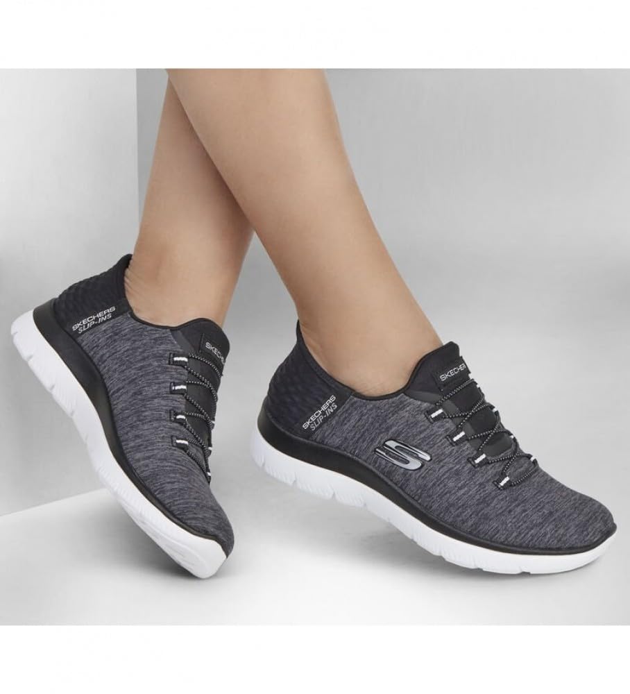 Skechers Women's Summits Hands-Free Slip-Ins – Memory Foam Insole, Heel Pillow, Vegan Materials Sneaker, Black White, 8