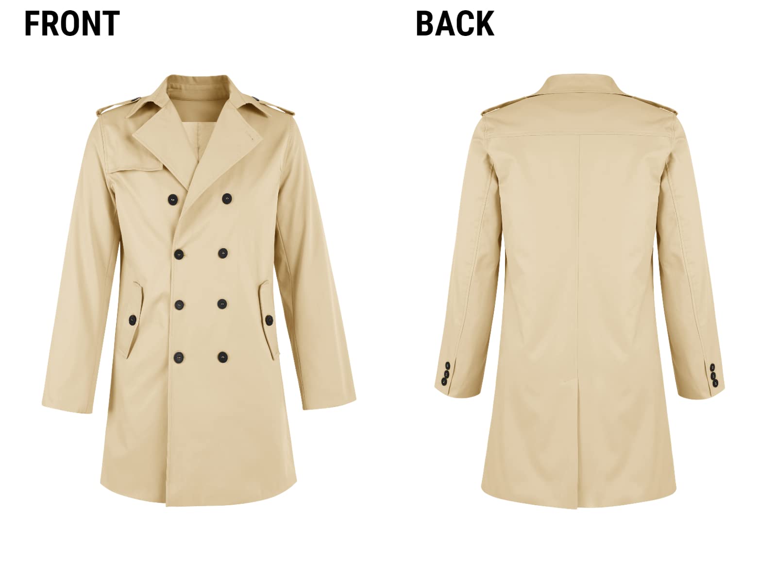 PASLTER Mens Trench Coat Notched Lapel Double Breasted Long Jacket Windbreaker Overcoat Pea Coat
