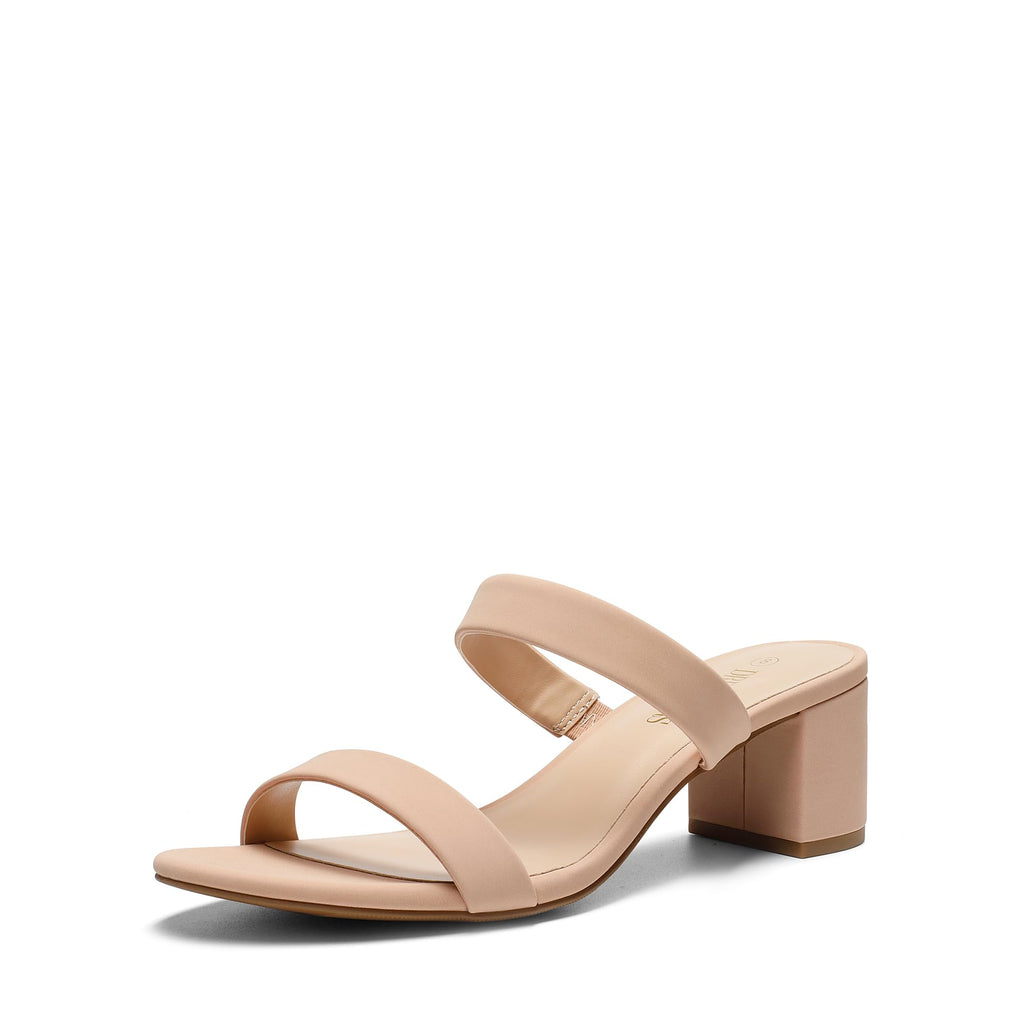 DREAM PAIRS Women's Two Strap Open Toe Low Block Chunky Heels Sandals Dress Pumps Casual Summer Mules Shoes,Size 9,Nude-Nubuck,DHS213-1