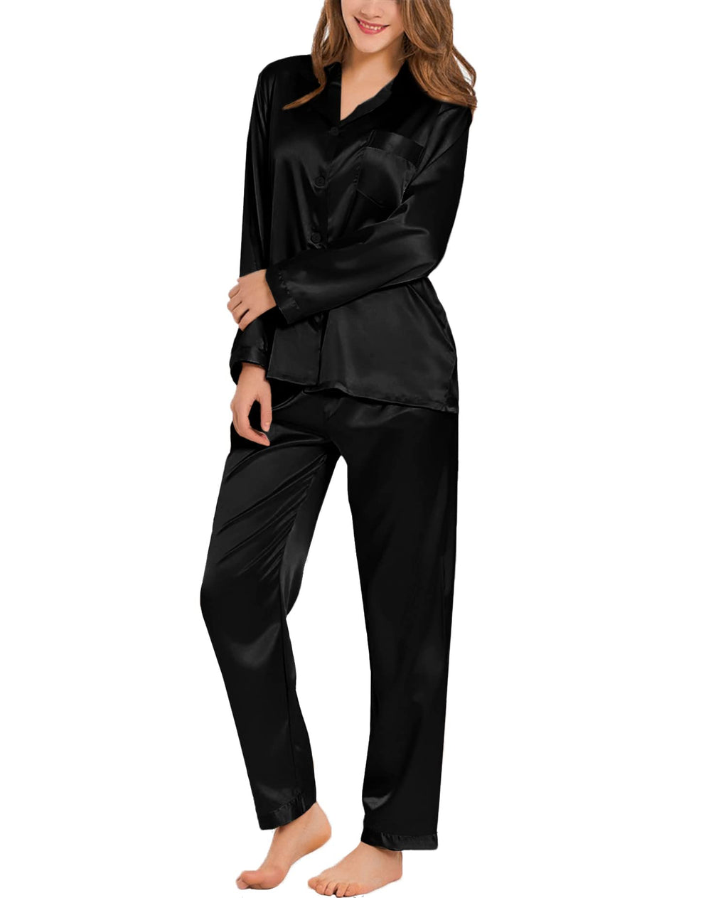 SWOMOG Long Sleeve Pajamas Set Silk Satin Sleepwear Button Down Pjs Loungewear with Pocket Black X-Large