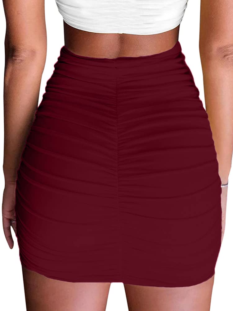 eoeoo Women's Stretch High Waist Ruched Bodycon Double Layer Casual Mini Skirt Wine Red Large