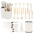 Henlutuo 19-Piece Silicone Kitchen Utensil Set with Stainless Steel Knives & wood Handles | Non-Scratch, Heat-Resistant | Includes Storage Holder (WHITE)