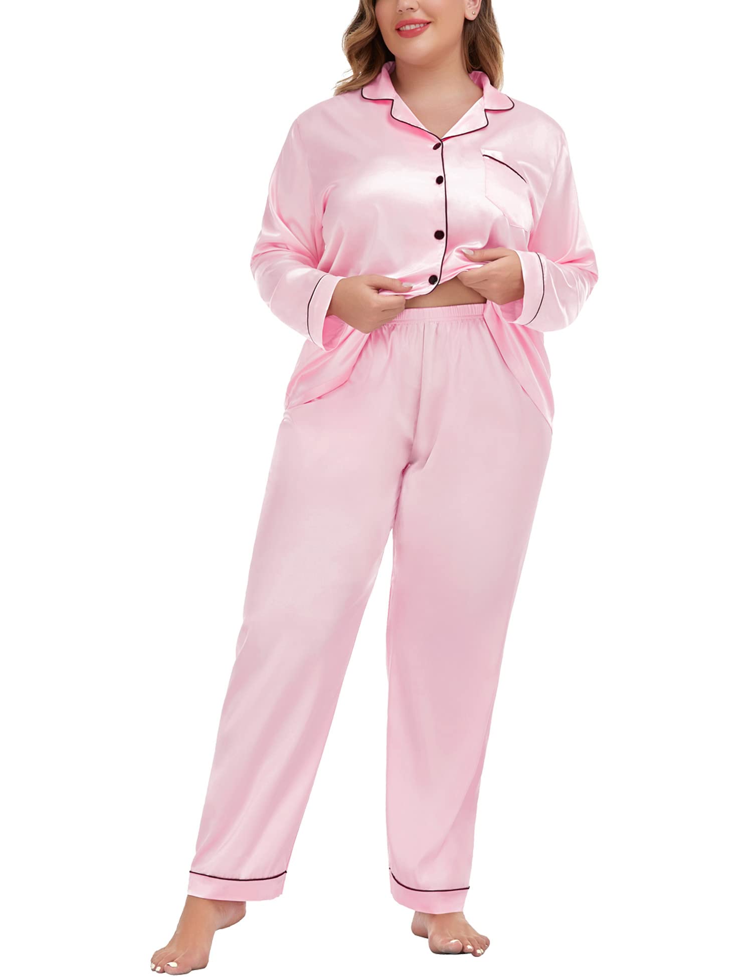 SWOMOG Women's Pajama Set Plus Size Silk Satin Pajama Set Notch Collar Sleepwear Long Sleeve Pajamas Sets for Women 18W Pink