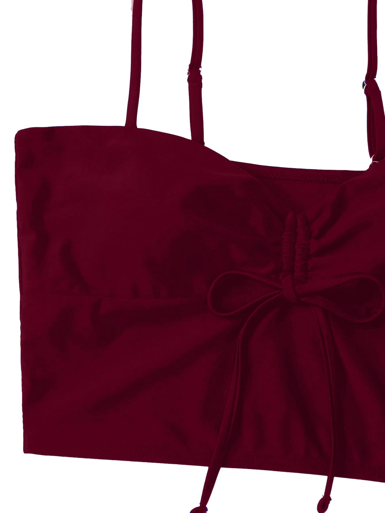 Lilosy Petite High Waisted Tummy Control Drawstring Bikini Set String Swimsuit Cami Top and Tie Side Shorts 2 Piece Women Bathing Suit Burgundy Red X-Small