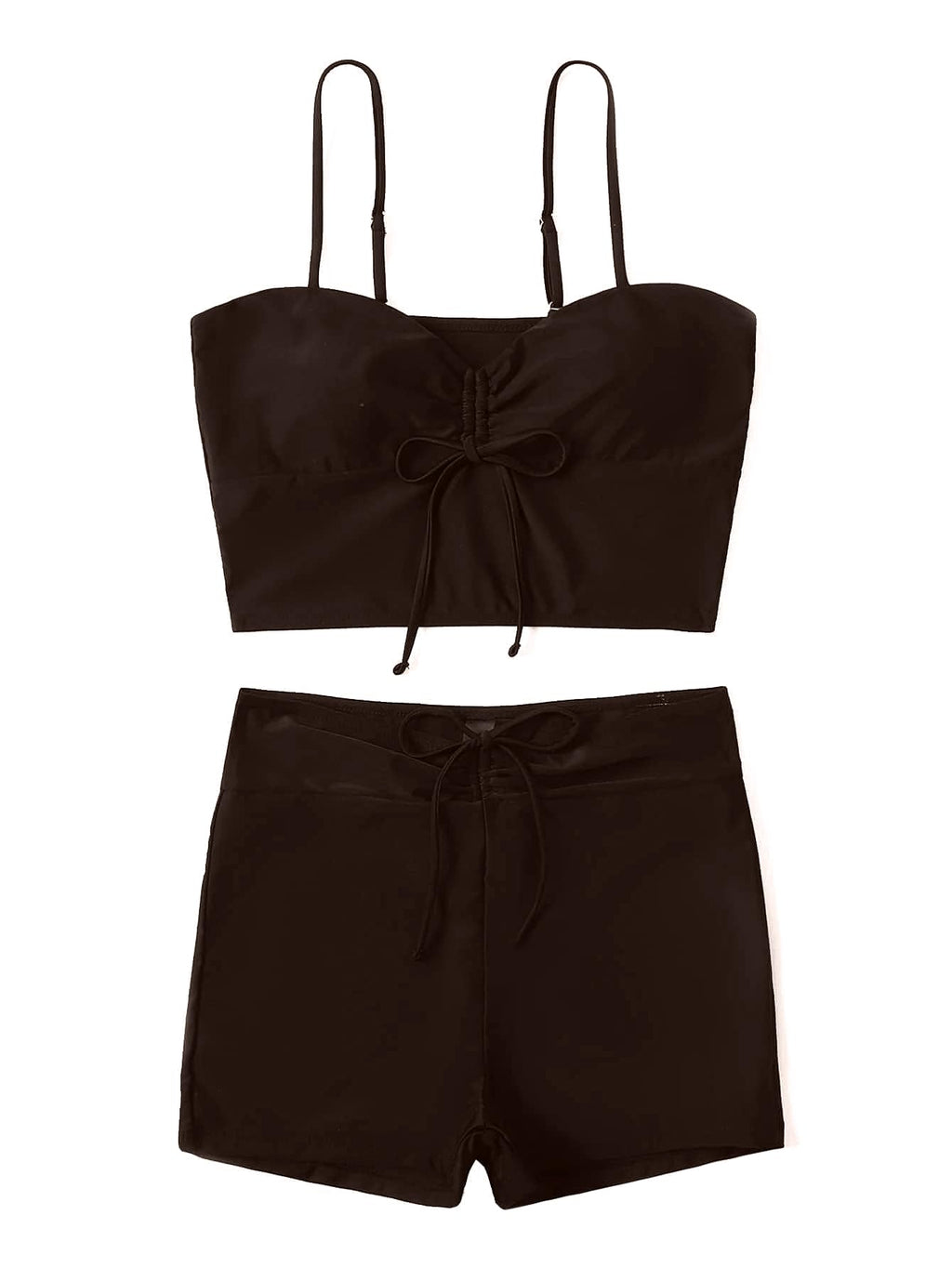 Lilosy Tummy Control Drawstring High Waisted Bikini Set String Swimsuit Spaghetti Strap Cami Top and Tie Side Shorts 2 Piece Women Bathing Suit Brown Small