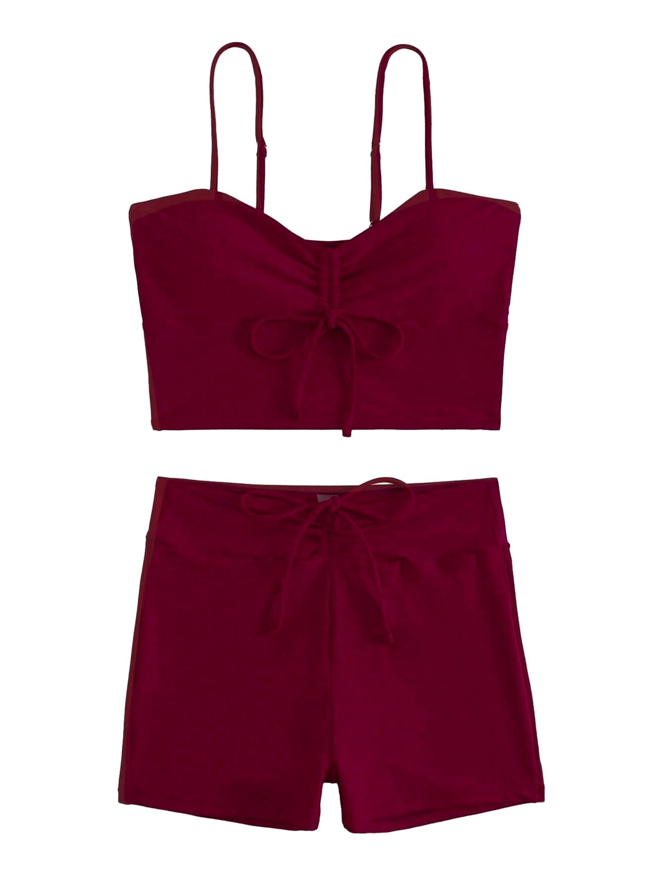 Lilosy Petite High Waisted Tummy Control Drawstring Bikini Set String Swimsuit Cami Top and Tie Side Shorts 2 Piece Women Bathing Suit Burgundy Red X-Small