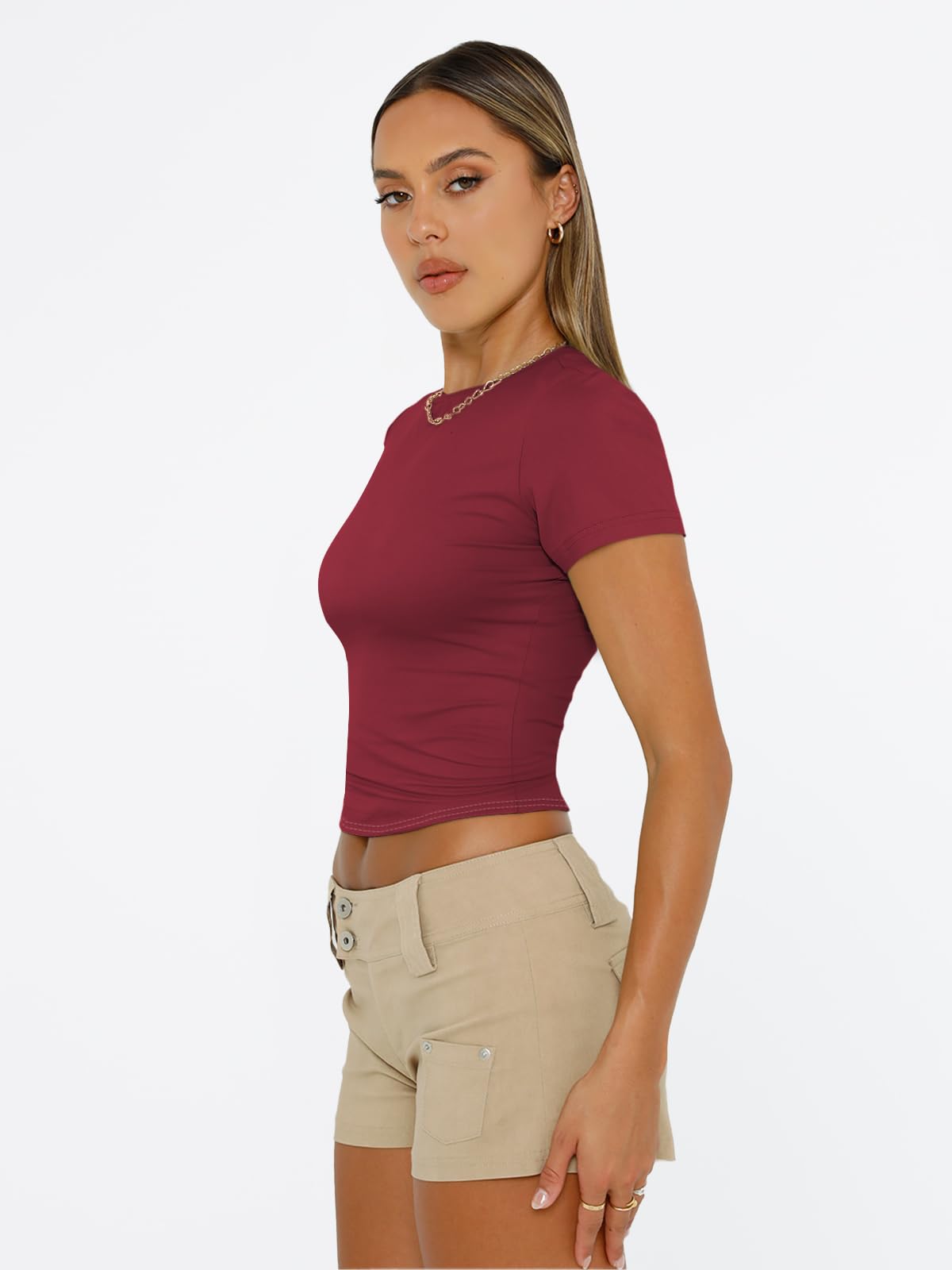 Trendy Queen Womens Short Sleeve T Shirts - Buttery Soft Summer Crop Tops Slim Fit Y2k Basic Tees for Workout Burgundy M