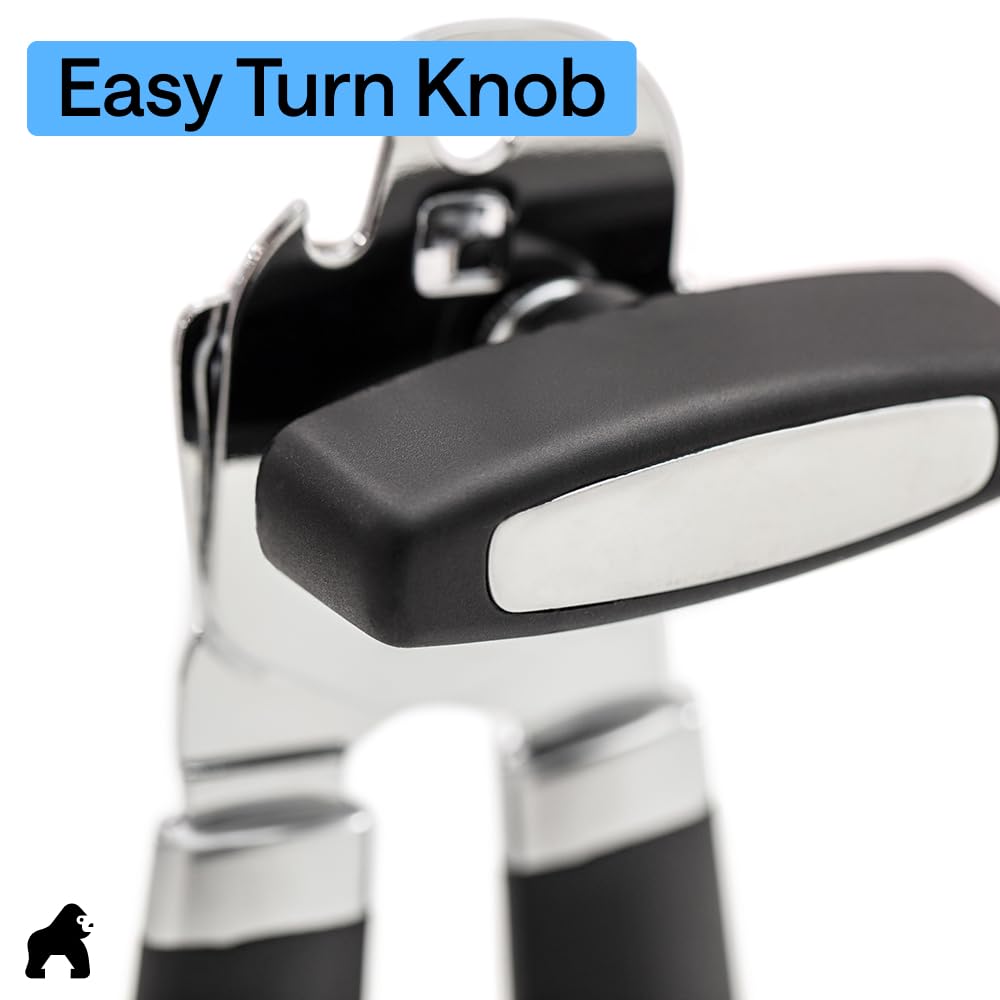 GORILLA GRIP Heavy Duty Stainless Steel Smooth Edge Manual Can Opener and Bottle Openers, US Designed, Soft Comfortable Handle, Oversized Handheld Turn Knob, Multifunctional Kitchen Tool, Black