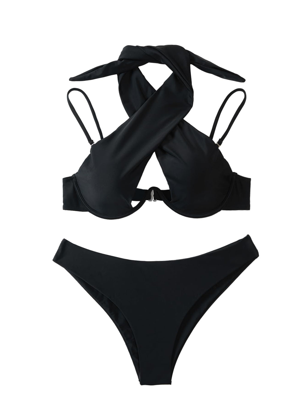 Lilosy Sexy Cute Underwire Push Up Cutout Halter Criss Cross High Cut Leg Thong Brazilian Bikini Swimsuit Set Women Cheeky Bottom Bathing Suit 2 Two Piece Black Medium