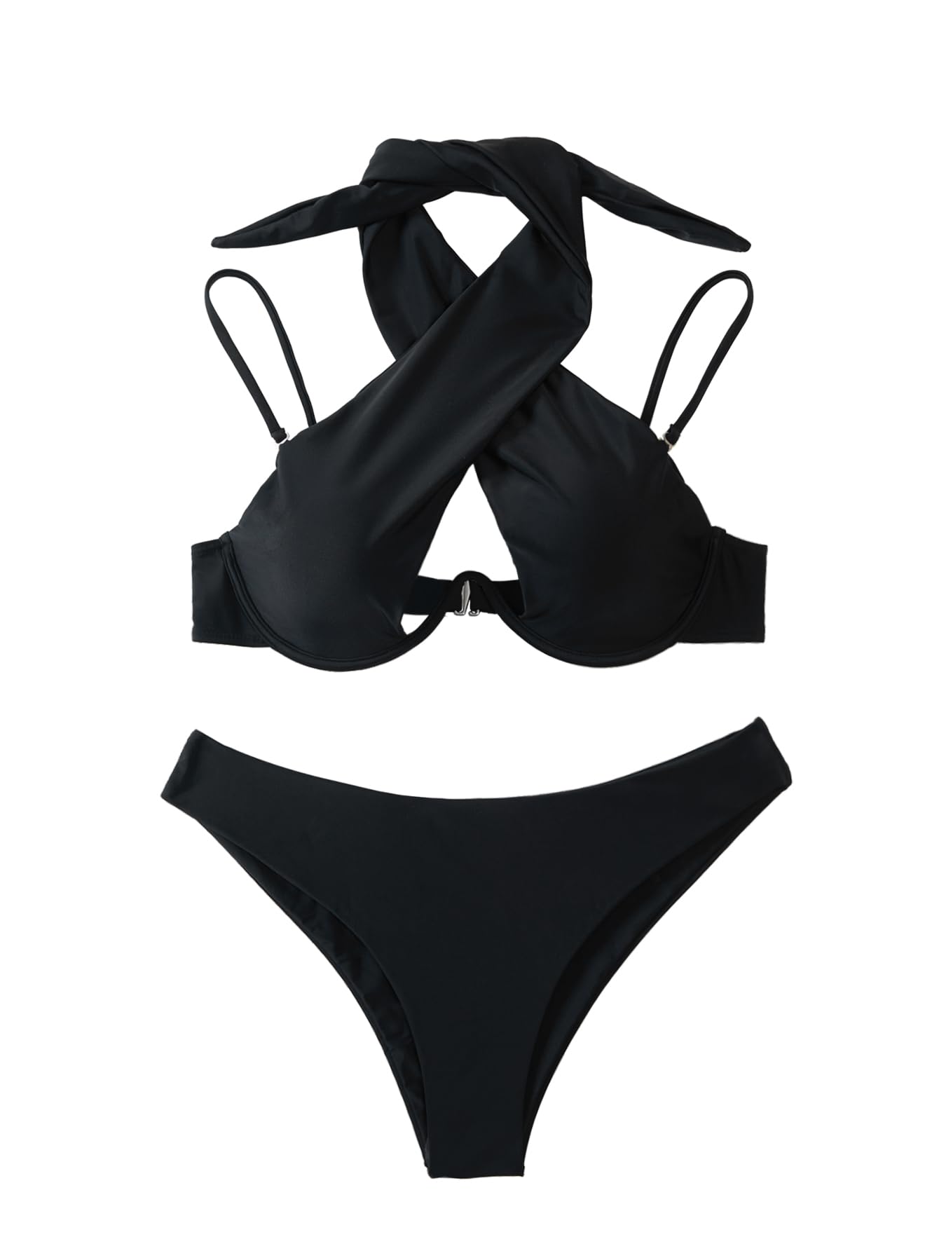 Lilosy Sexy Cute Underwire Push Up Cutout Halter Criss Cross High Cut Leg Thong Brazilian Bikini Swimsuit Set Women Cheeky Bottom Bathing Suit 2 Two Piece Black Medium