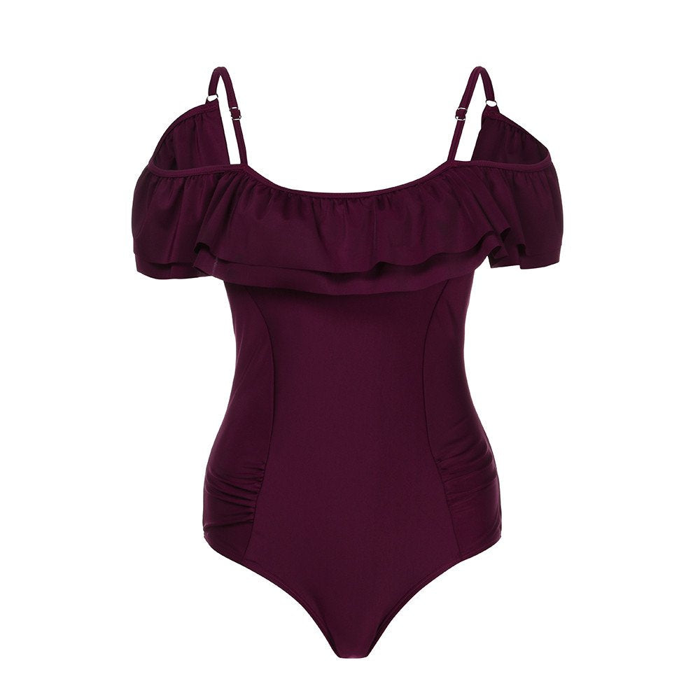 wodceeke Women's Ruffles One-Piece Swimsuit Off Shoulder Siamese Bikini Beachwear Swimwear(Wine,M)