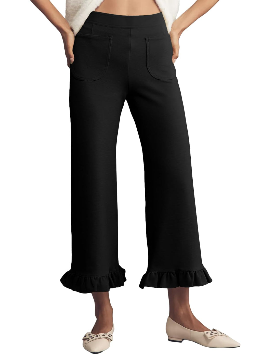 Acelitt Women's Gingham Pants Summer Casual Elastic Waist Straight Leg Ruffle Hem Stretchy Cropped Trousers with Pockets 2026 Fashion Clothes Beach Vacation Outfits Black Medium