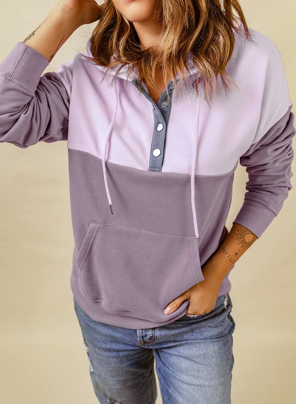 Dokotoo Women's Fashion Hoodies & Sweatshirts Long Sleeve Front Button Collar Hooded Pullovers with Pockets Winter Sweatshirts for Women Loose Fit Casual Ladies Fall Shirts Tops Purple L