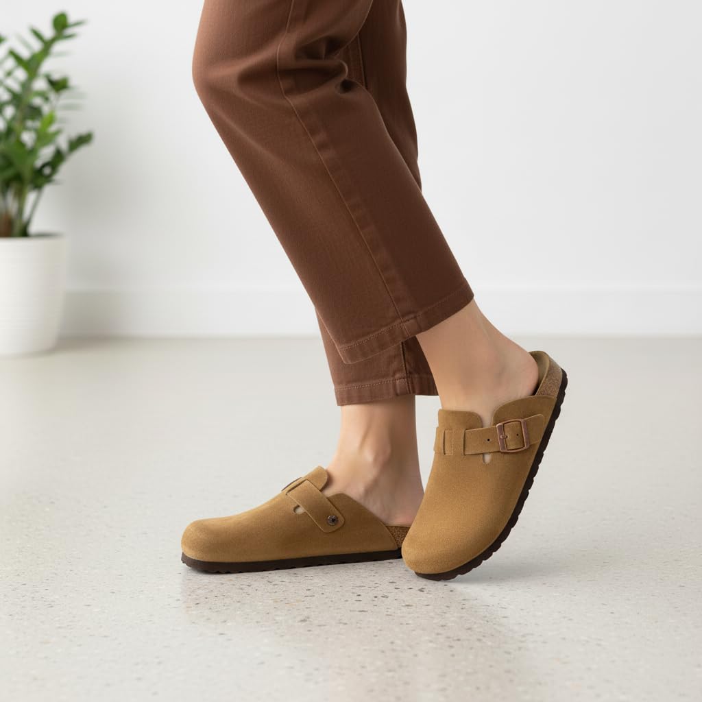 CUSHIONAIRE Hana - Genuine Leather Suede Classic Clog Womens Shoes - Slip On Mule Comfortable Shoes for Women, CAMEL 11