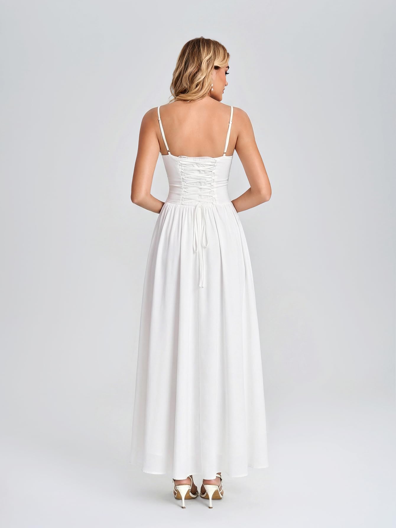 VKIHOC Women Floral Corset Maxi Dress Spaghetti Strap Lace Up Flowy A Line Wedding Guest Long Dress with Pockets White