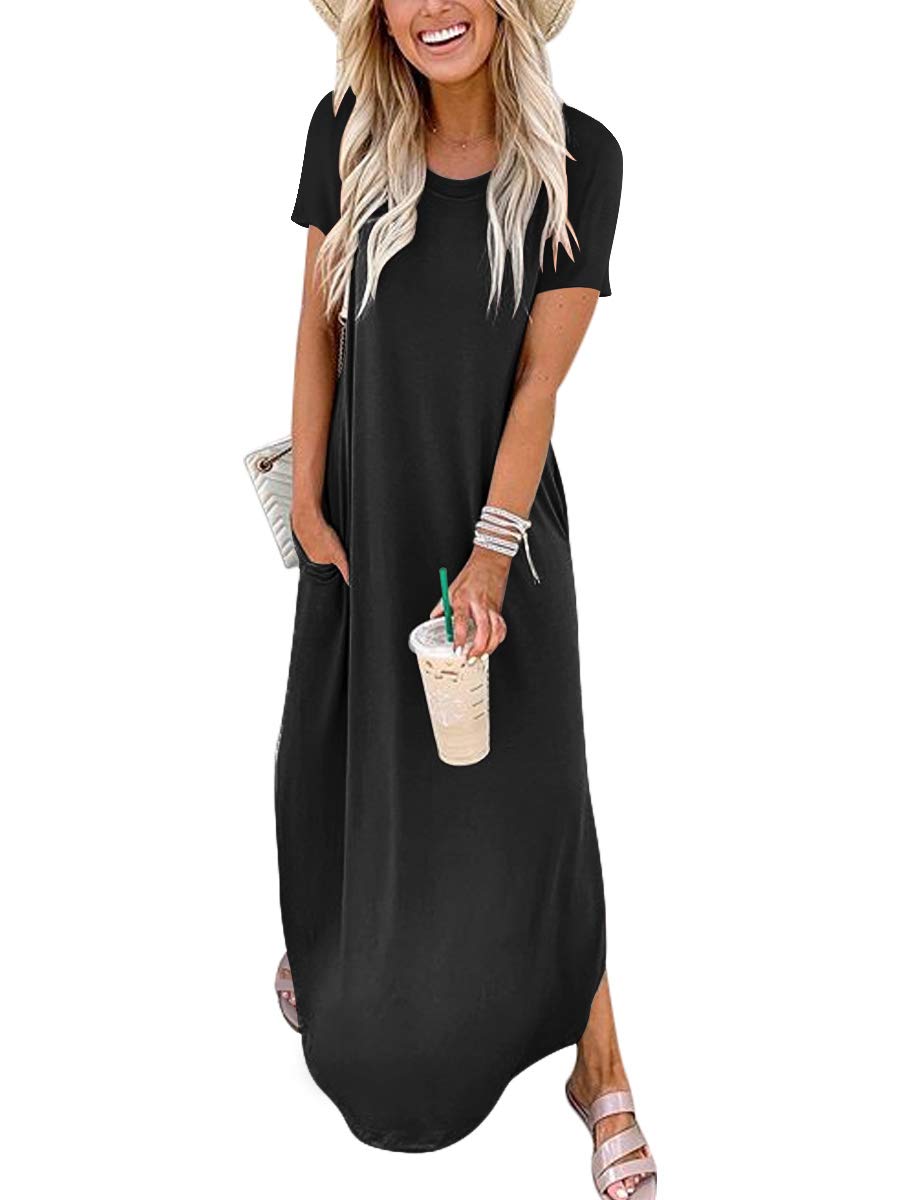 ANRABESS Womens Summer Maxi Dress Short Sleeve Casual Loose Long T Shirt Dresses Split Vacation Beach Sundress Travel Outfits Black Large