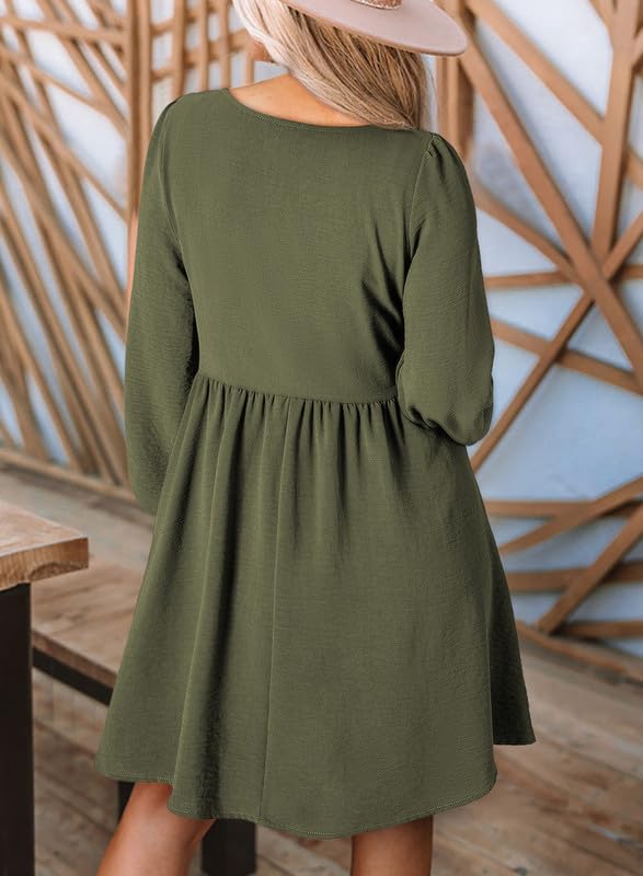 Dokotoo Casual Dresses for Women 2026 Spring Crewneck Long Sleeve Fashion Smocked A-line Flowy Hem Elegant Empire Waist Olive Green Dress Dresses Large
