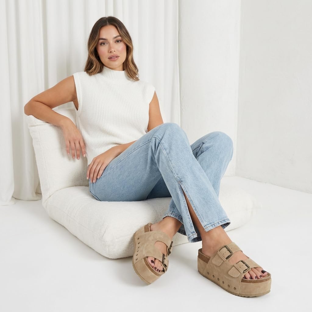 CUSHIONAIRE Guru Platform Sandals Women Footwear – Comfortable Genuine Leather Footbed Studded Chunky Slide Summer Sandals for Women 2026, KHAKI 6.5W