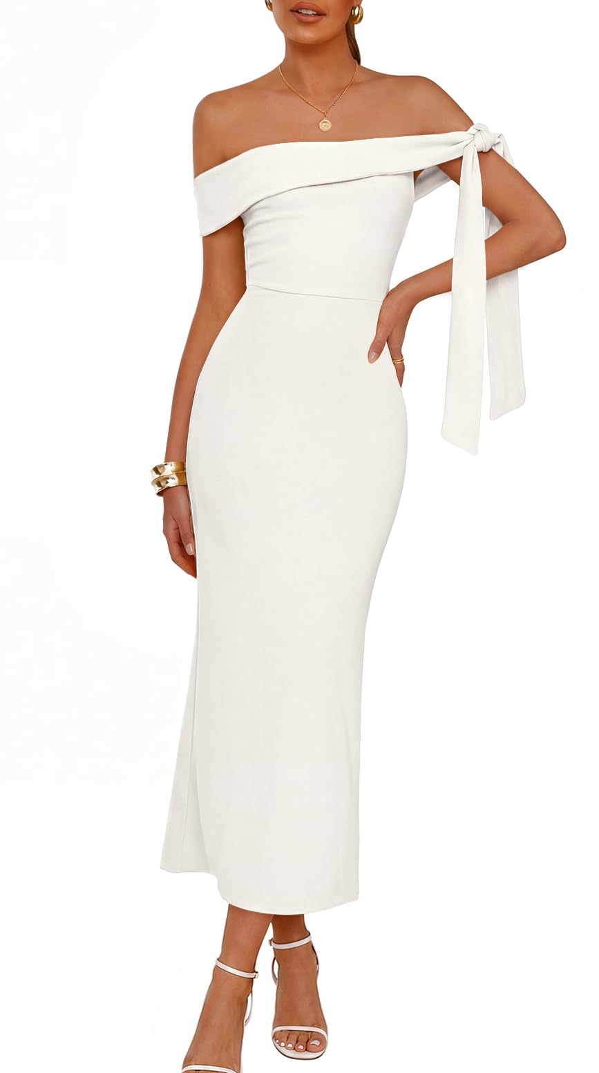 MEROKEETY Women's Summer Off The Shoulder Dress 2026 Bodycon Wedding Guest Cocktail Formal Party Maxi Dresses, White, M