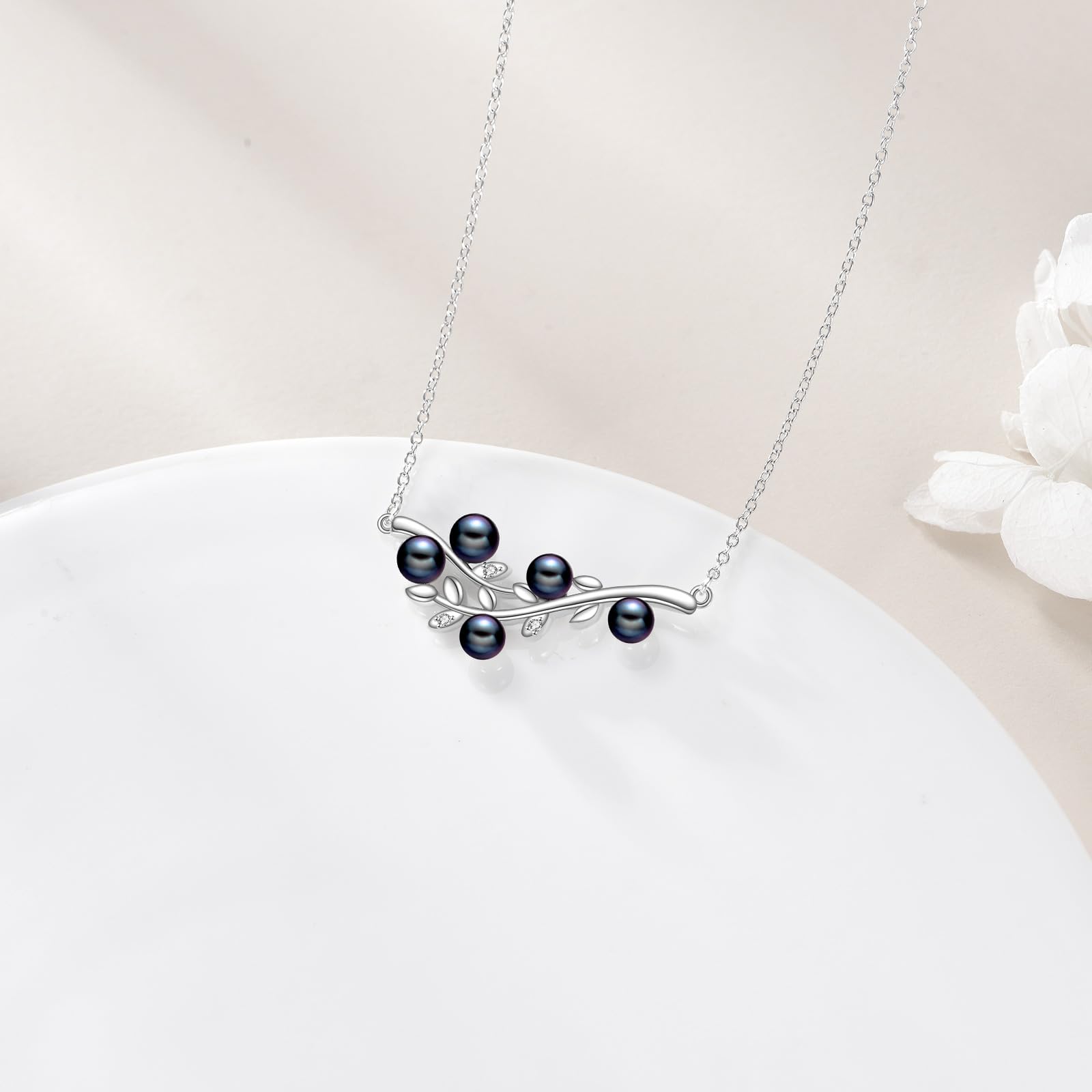 4mm Tahitian Black Pearl Necklace, 925 Sterling Silver Leaf Art Deco Jewelry With Lab Created Diamonds, Mother's Day Anniversary Birthday Gifts For Women Wife Mother