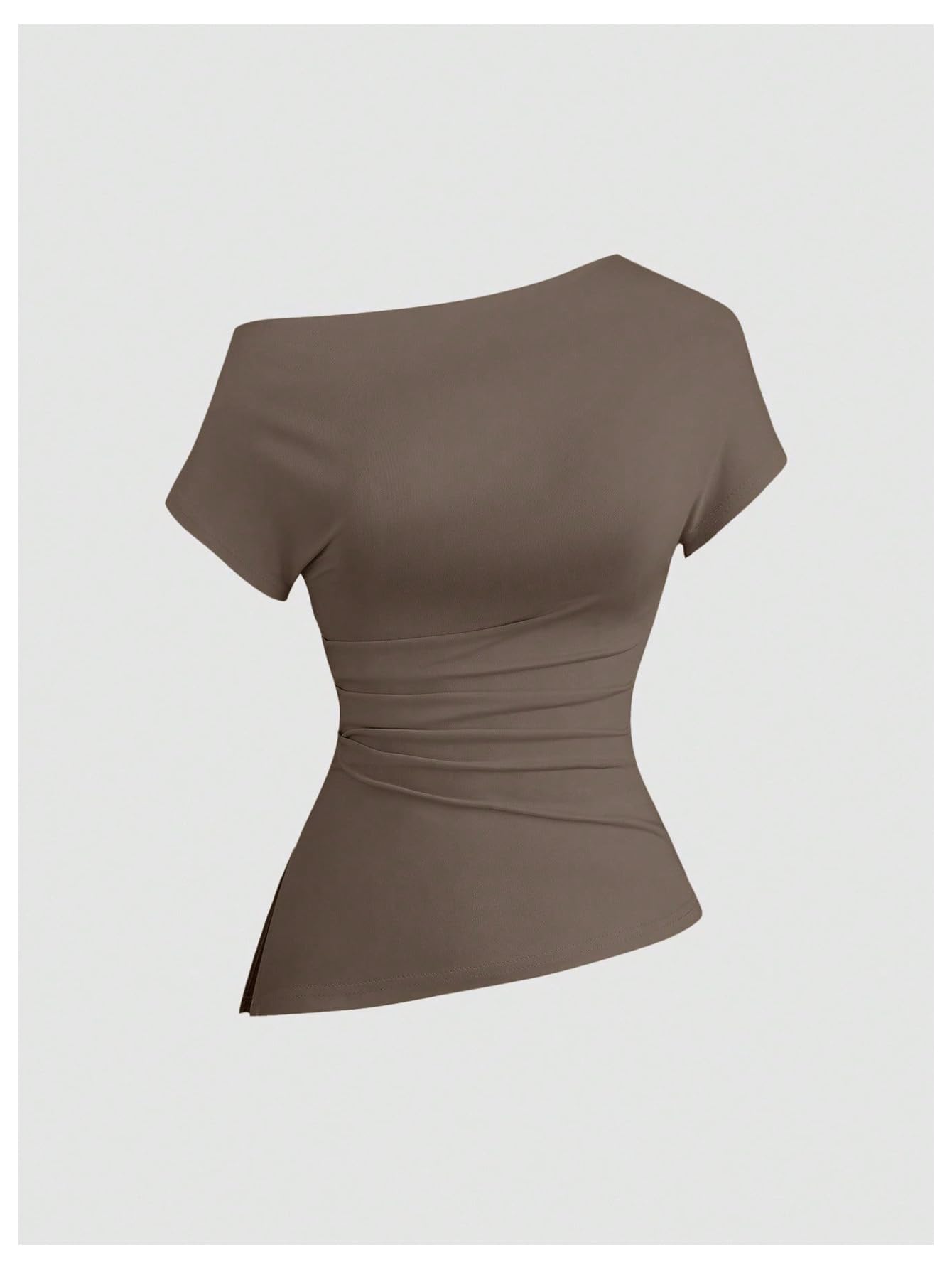 OYOANGLE Women's 3 Pack Short Sleeve Off The Shoulder Tops Ruched Side Slit Asymmetrical Hem Tshirts Black Brown Beige Small