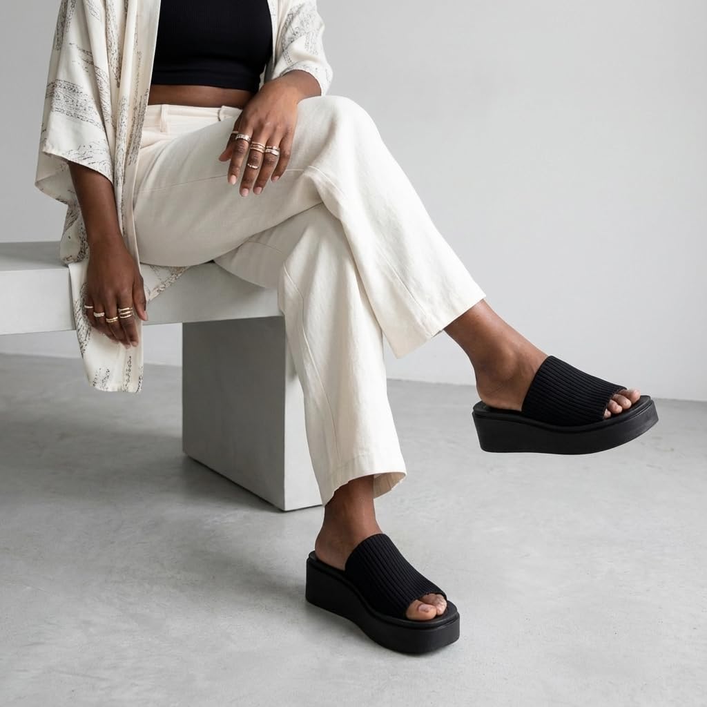 CUSHIONAIRE Pim Wedge Chunky Platform Womens Sandals with Firm Knit Upper & Memory Foam Summer Sandals for Women 2026, BLACK 7