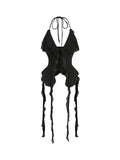 WDIRARA Women's 3D Flower Tie Front Ruffle Trim Halter Top Tie Backless Camisole
