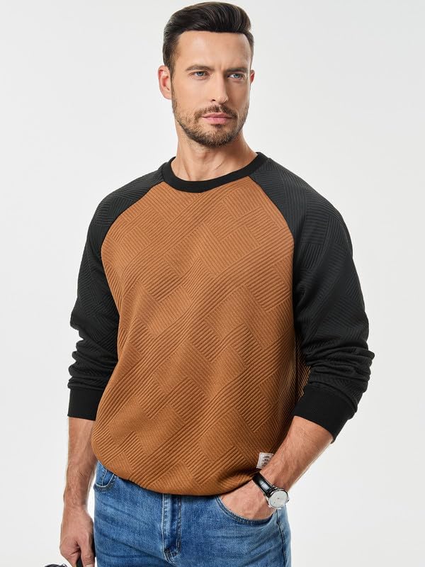 Dokotoo Men Mens Fashion Sweatshirts Fall Winter Patchwork Long Sleeve Patchwork Lightweight Casual Crewneck Pullover Sweatshirts Brown X-Large