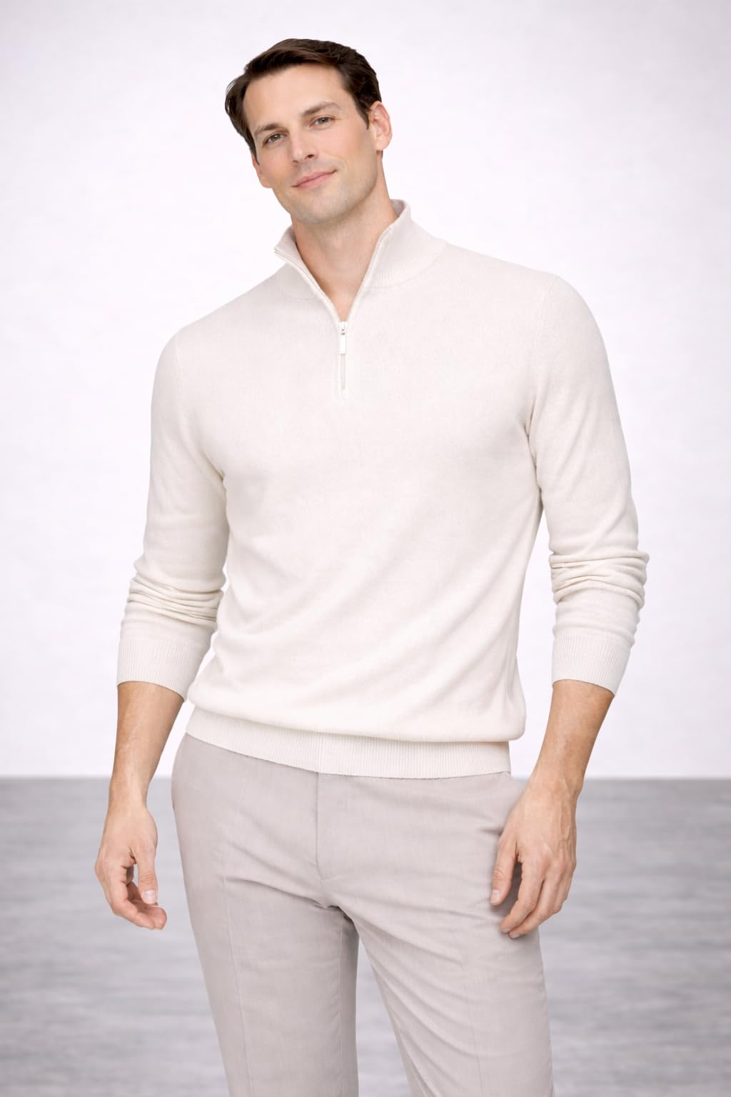 State Cashmere Men's Half Zip Mock Neck Sweater 100% Pure Cashmere Polo Neck Pullover (Undyed White, Medium)
