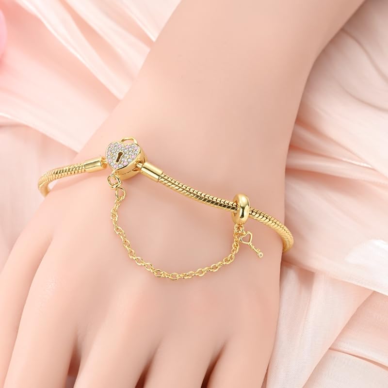 BEVALY 19cm Gold Heart Key and Padlock Charm Bracelet 925 Sterling Silver Bead Bracelet with 5A Cubic Zirconia for Women Gift for Friend