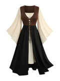 ROSE GAL Plus Size Womens Renaissance Costume Dress Medieval Pirate Peasant Lace-up Long Bell Sleeves Color Block Fairy Dress(Coffee_1/1X)