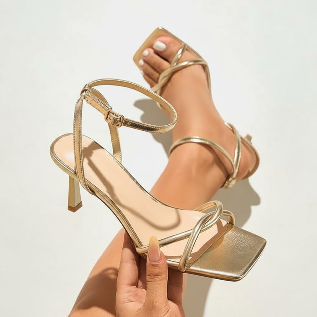 Oilyong Womens Sandals Strappy Kitten Heels for Women Square Open Toe Strappy Heels Comfortable Heels for Party, Wedding and Daily Wearing,Gold Szie 7