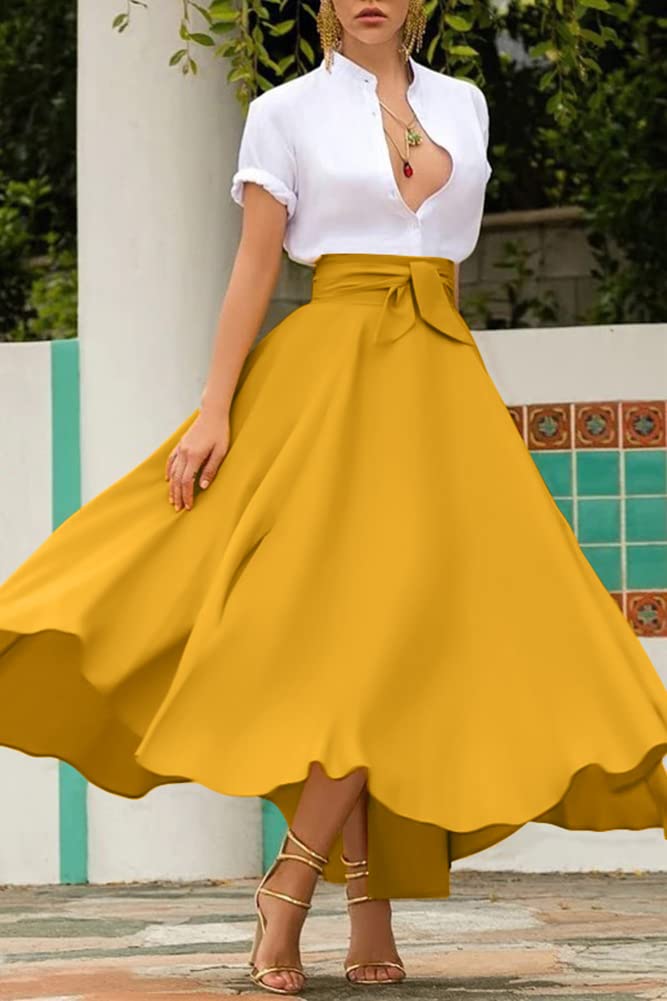 chouyatou Women's Elegant High Waisted Side Slit Irregular Bohemian Maxi Skirt with Pockets (Medium, Yellow)