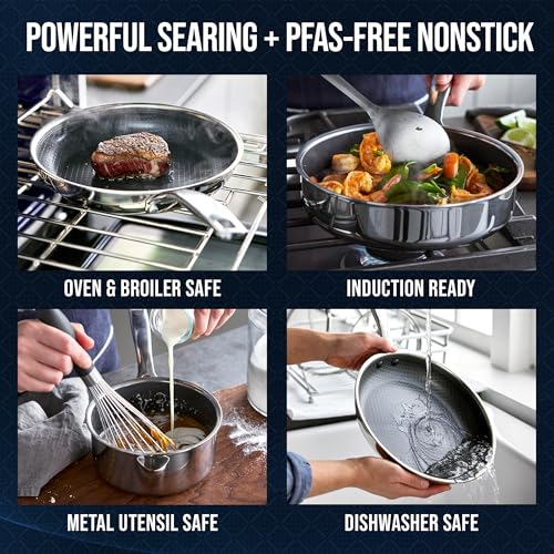 Blue Diamond Hybrid Nonstick Stainless Steel 12 Piece Cookware Set, Tri-Ply PFAS-Free Ceramic Diamond Bond Pots & Pans, Dishwasher & Oven Safe to 850F, Induction Ready, Metal Utensil Safe, Silver